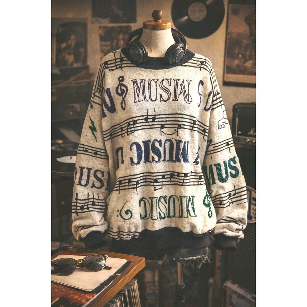 Vintage Sugar Street Music Sweater USA Made Oversized Graphic Knit 80s 90s